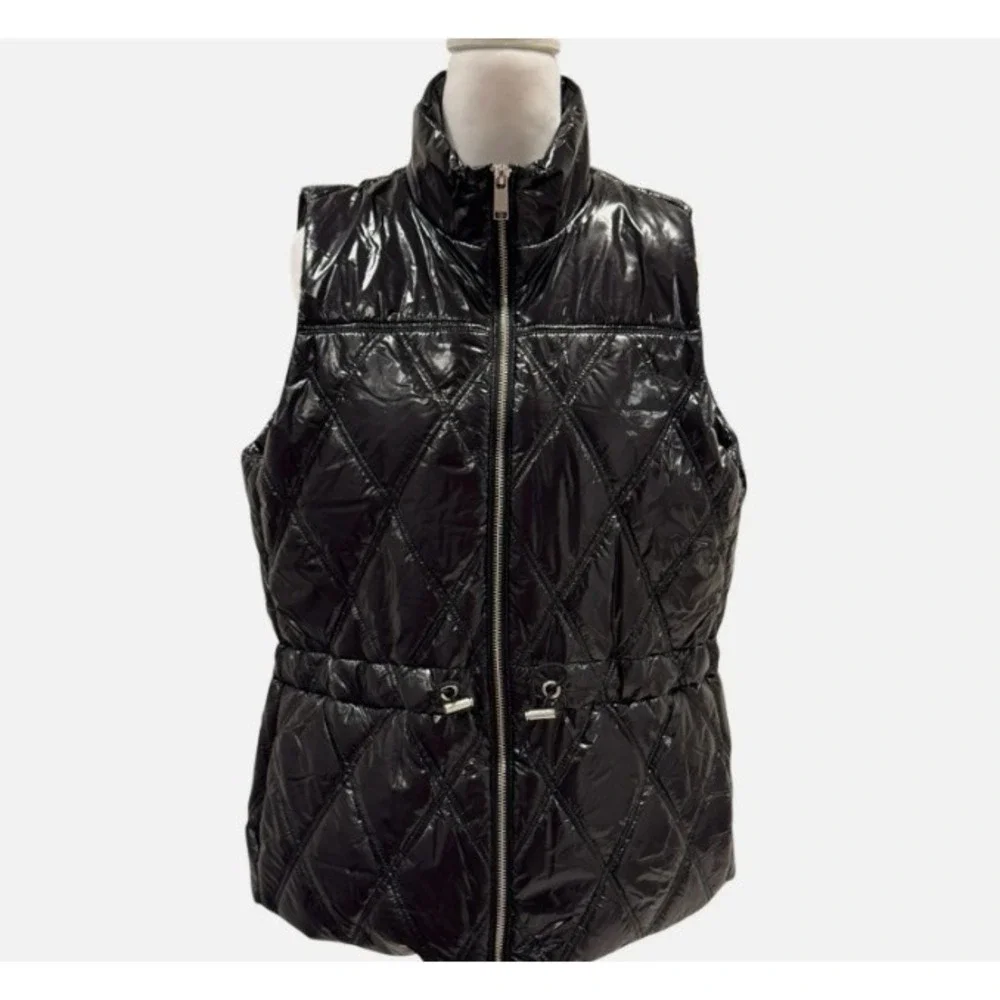 Michael Kors Women's Cire` Quilted Black Vest Full Zip Drawstring Waist Size L - Picture 2 of 7